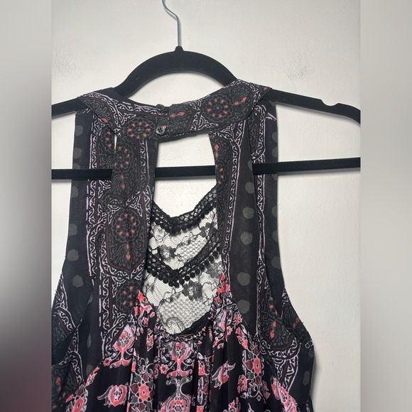 Free People Bohemian Moroccan Black Printed Lace Yoke Maxi Dress Size 2 - Picture 11 of 12
